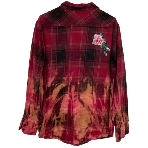 Upcycled Bleached Boho Flannel Plaid Button Down Shirt Medium Embroidered Floral - Picture 2 of 15